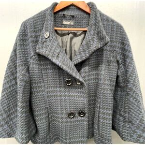 Women Wool Blend Coat UK 8 US 4 Black Blue Plaid Flare Sleeve Lined Jacket Guray